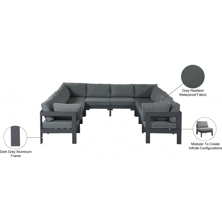 Meridian Furniture Nizuc Outdoor Patio Grey Aluminum Modular Sectional 10B - Outdoor Furniture