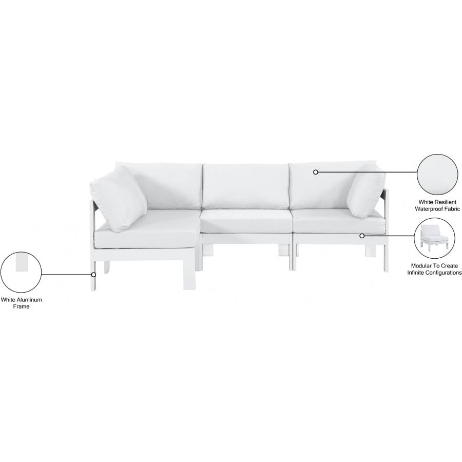 Meridian Furniture Nizuc Outdoor Patio White Aluminum Modular Sectional 4C - Outdoor Furniture