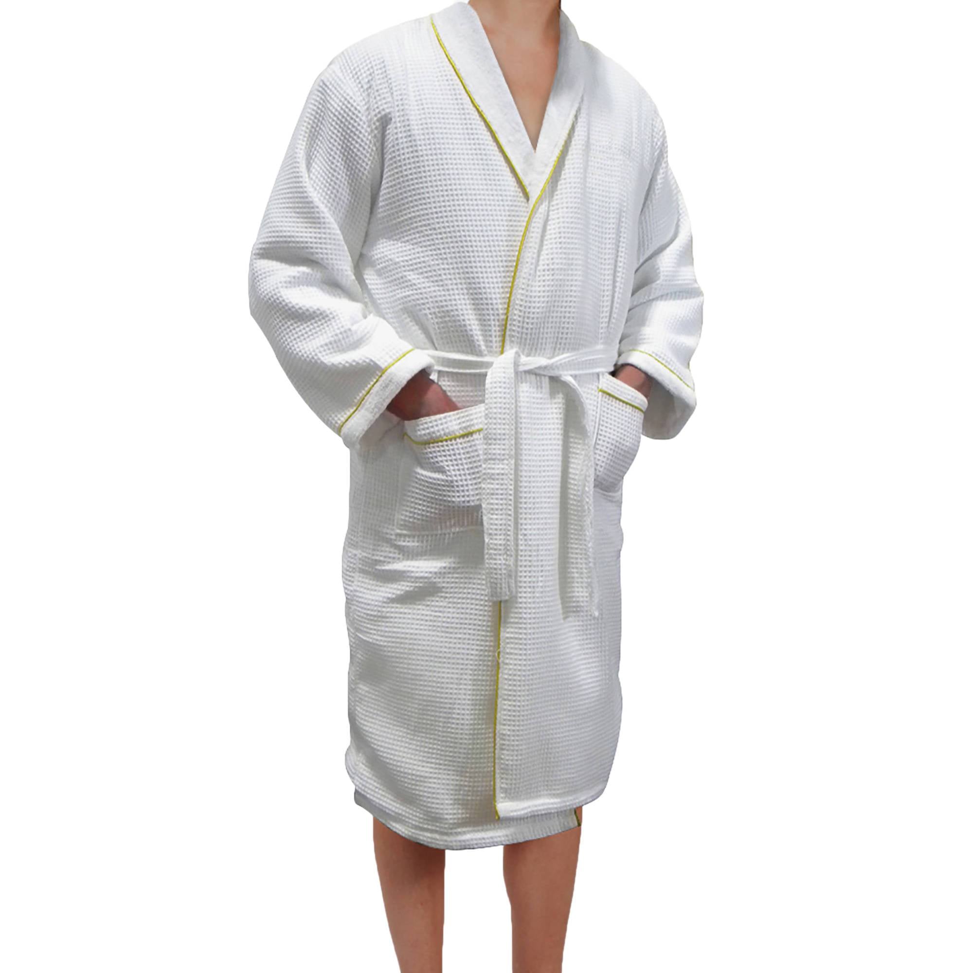 Blue Wave European Spa & Bath White Waffle Weave Terry Cloth Robe w/ Gold Embroidered Trim